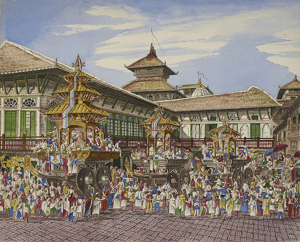 The_Kumari_jatra._Three_temple_cars_outside_the_Hanuman_Dhoka_or_Old_Palace_Kathmandu_-_Oldfield_collection_1850-1863_-_BL_WD_3279